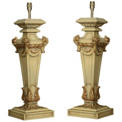 Antique Pair of Carved Painted Table Lamps