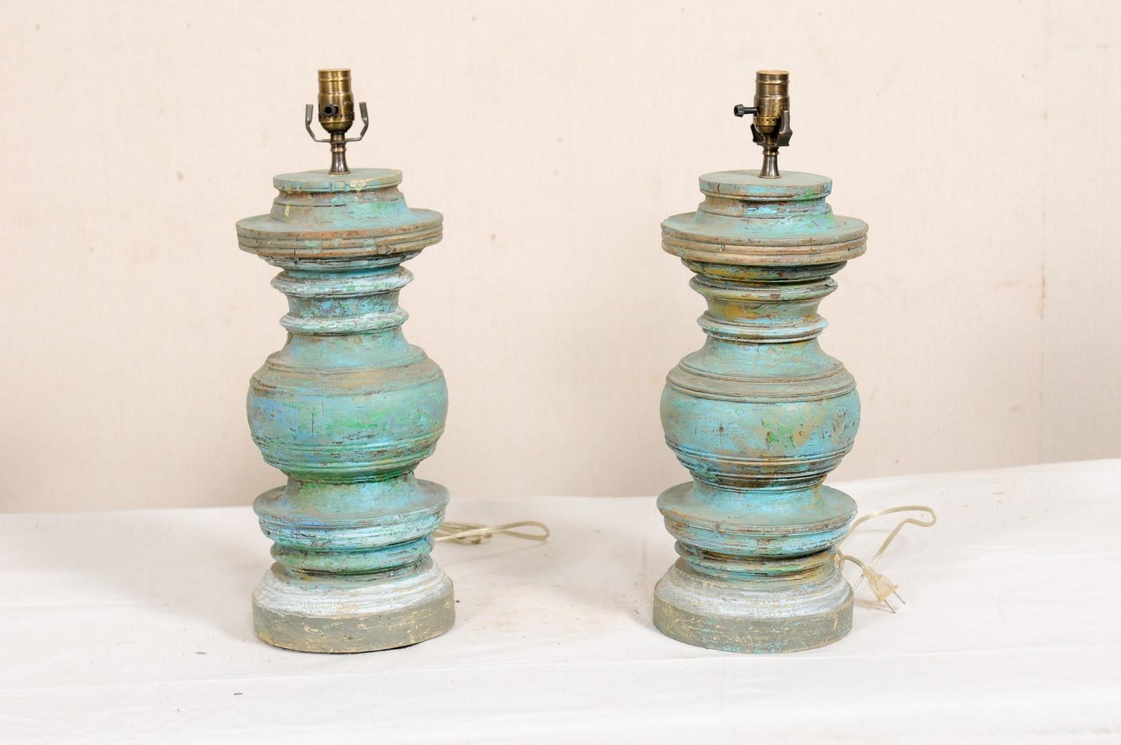 Pair of Carved and Painted Wood Column Table Lamps 5