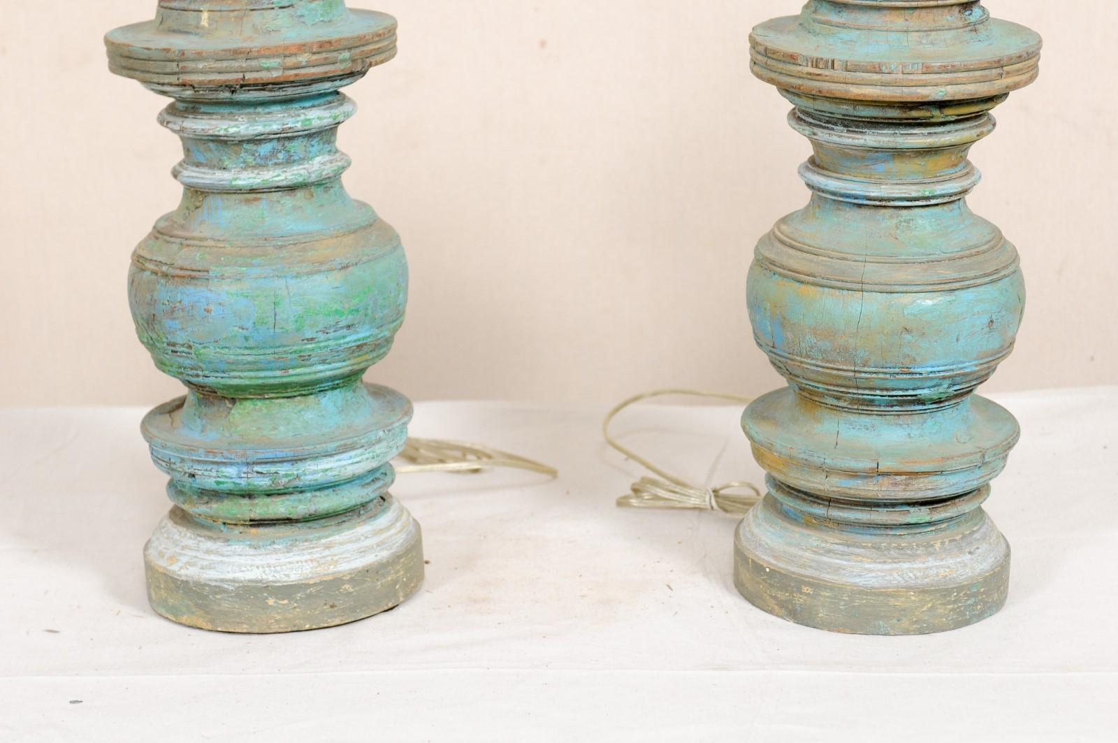 Pair of Carved and Painted Wood Column Table Lamps 6
