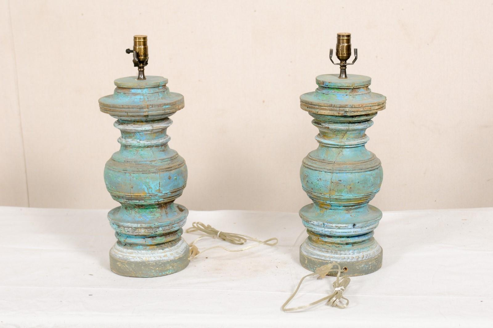 20th Century Pair of Carved and Painted Wood Column Table Lamps