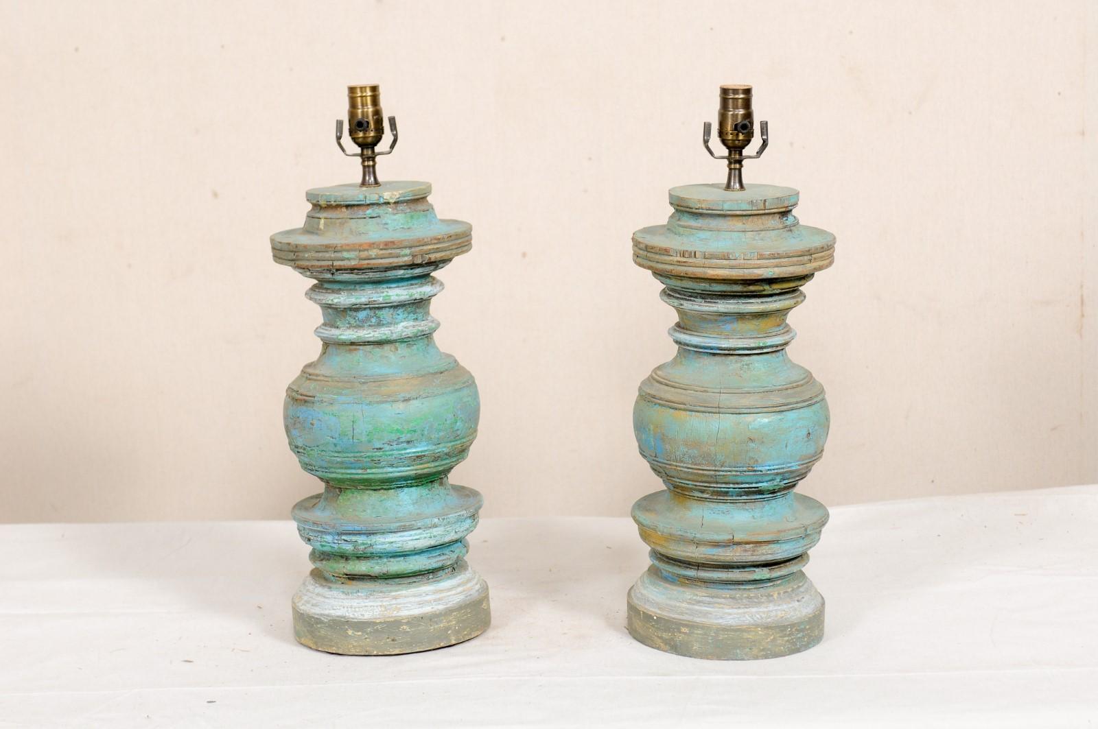 Pair of Carved and Painted Wood Column Table Lamps 2