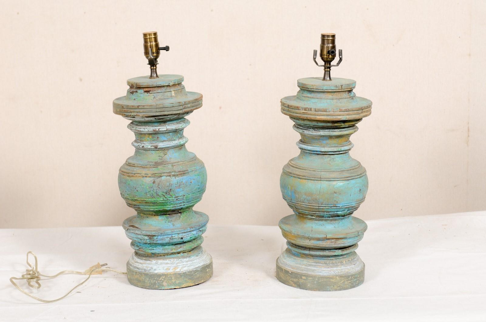 Pair of Carved and Painted Wood Column Table Lamps 3