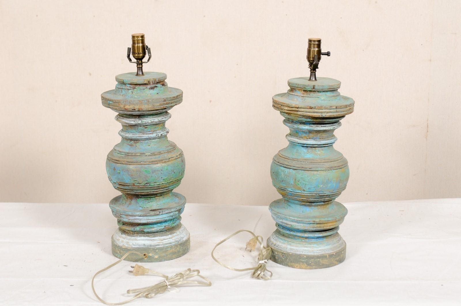 Pair of Carved and Painted Wood Column Table Lamps 4