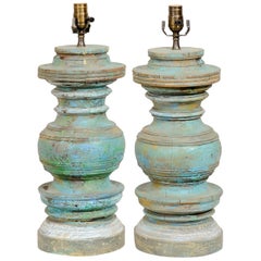 Pair of Carved and Painted Wood Column Table Lamps