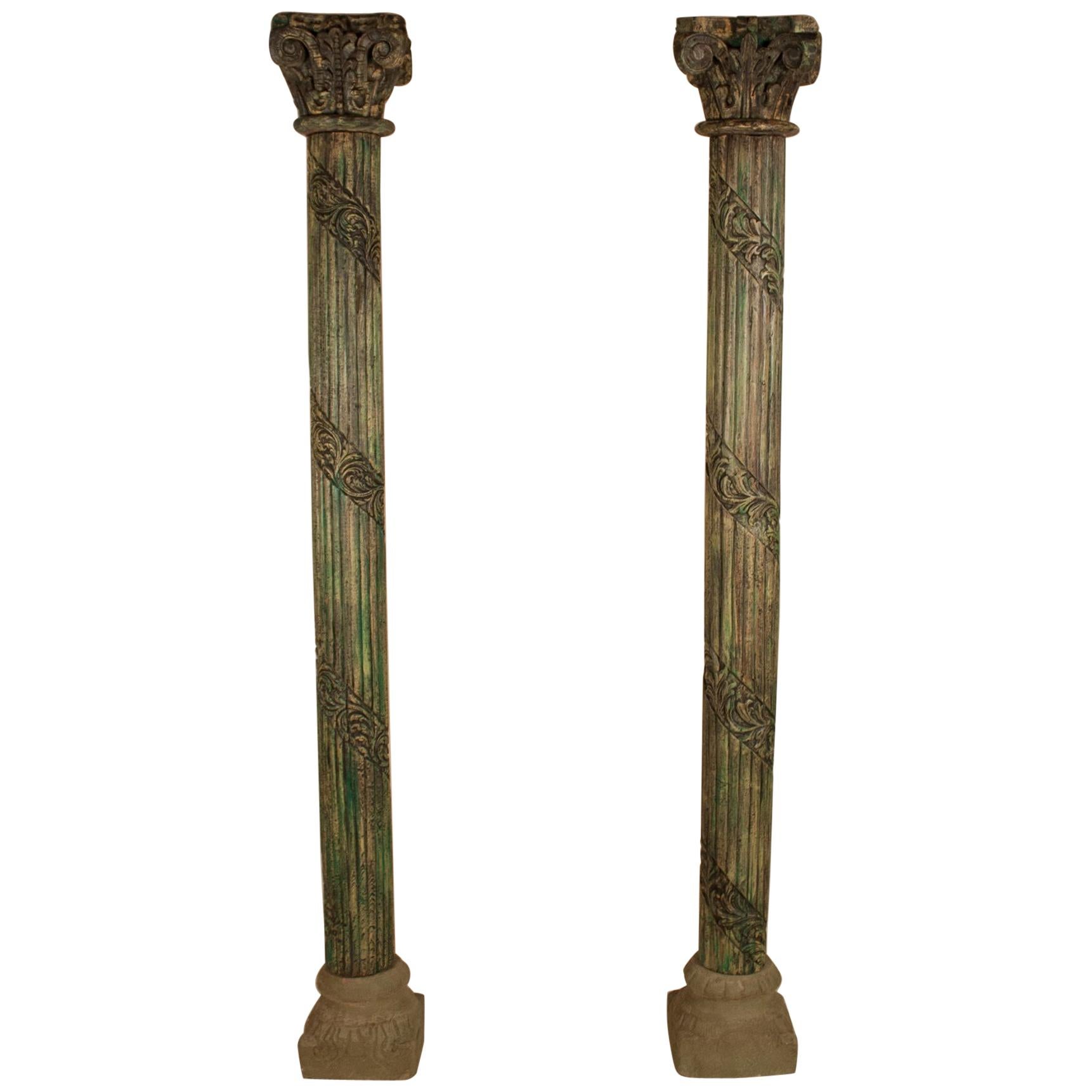 Pair of Carved, Painted Wood Columns from India