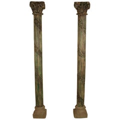 Pair of Carved, Painted Wood Columns from India
