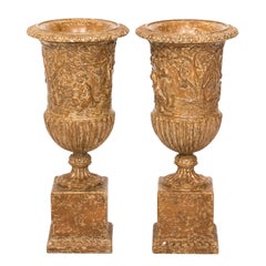 Pair of Carved Painted Wooden Urns
