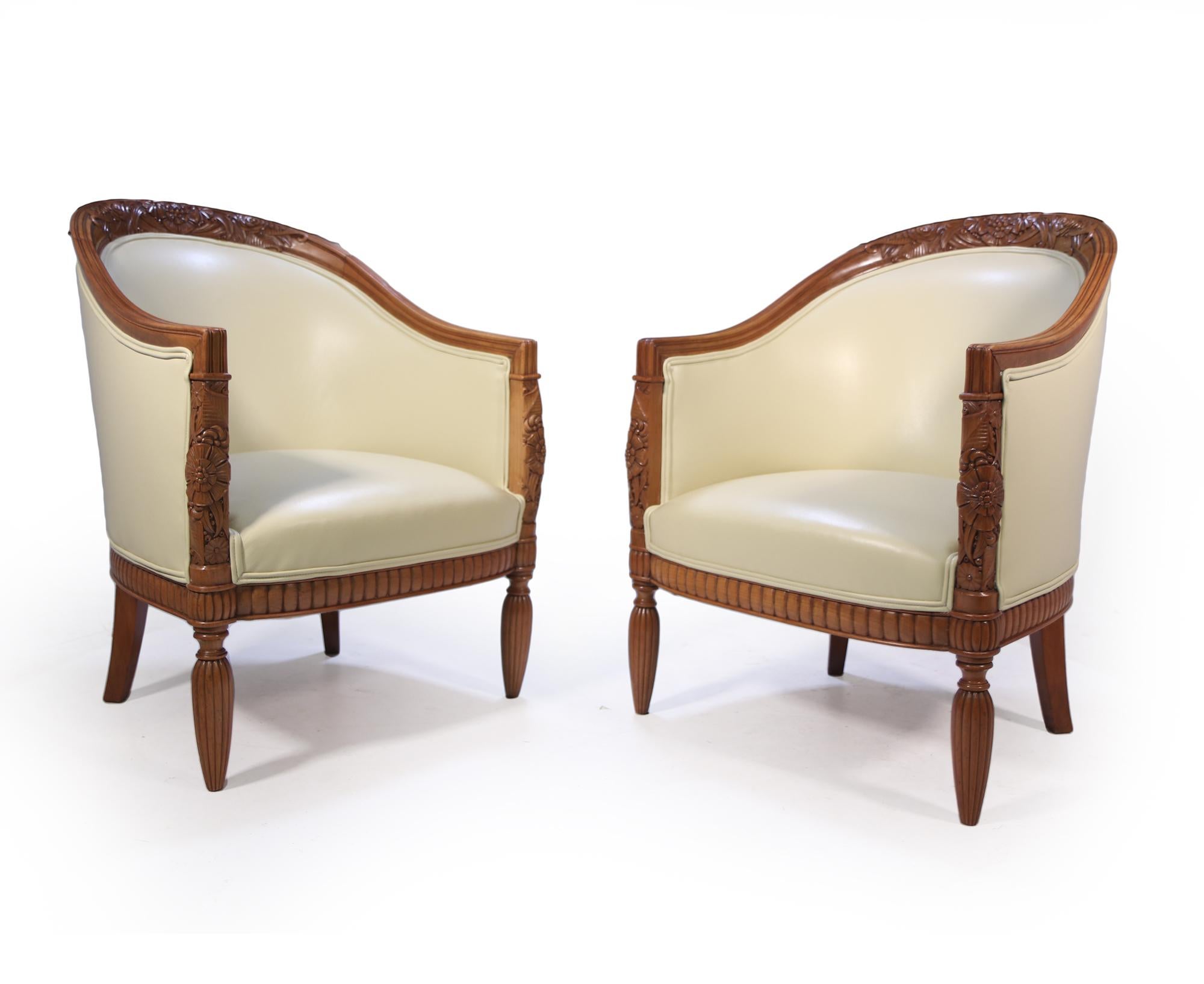 Pair of Carved Pear-Wood French Art Deco Armchairs 9