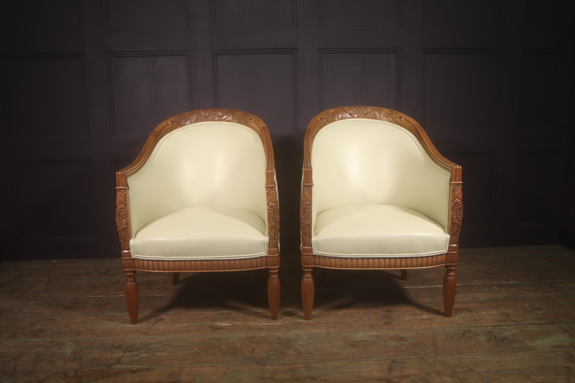 Early 20th Century Pair of Carved Pear-Wood French Art Deco Armchairs
