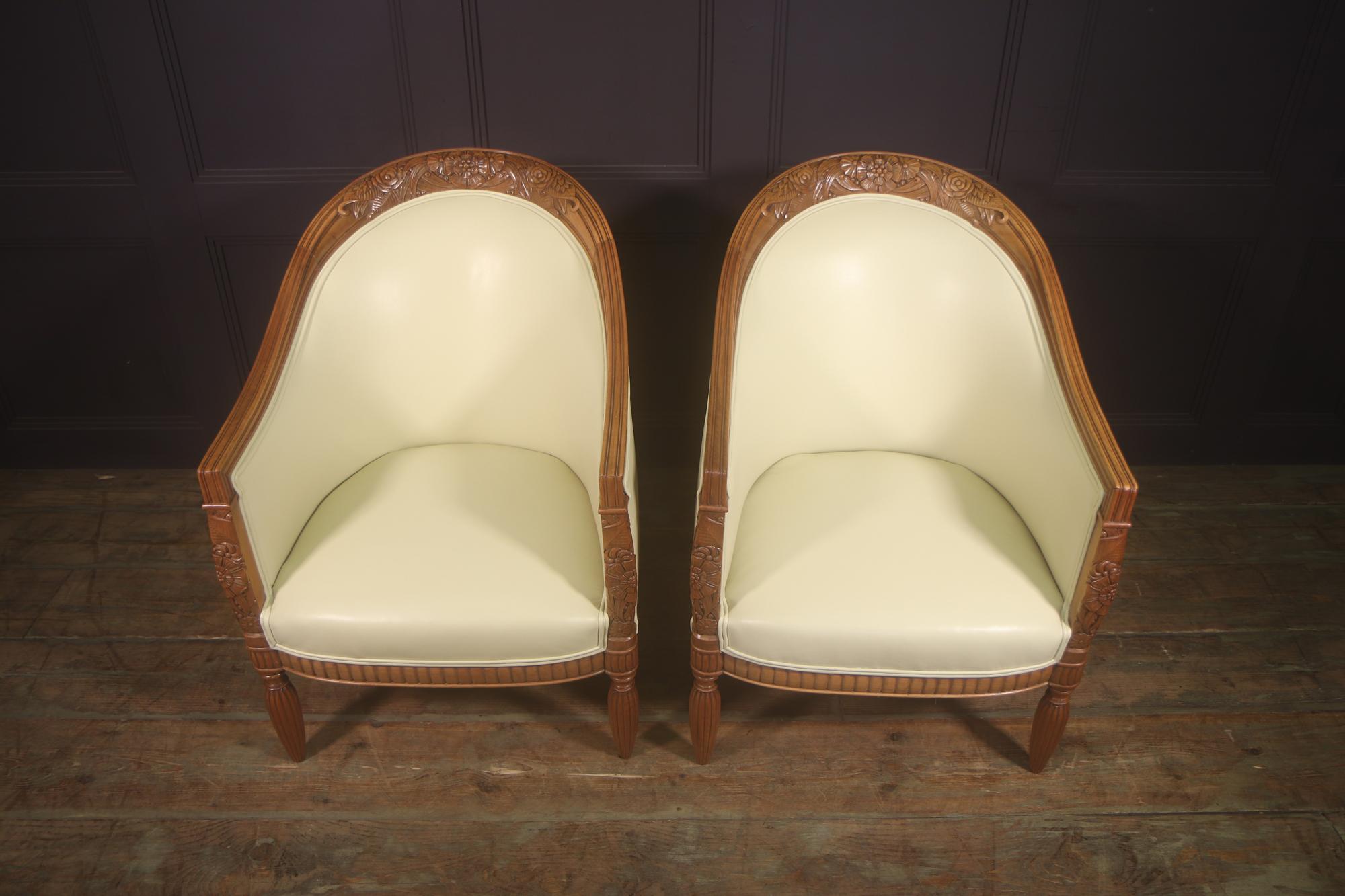 Leather Pair of Carved Pear-Wood French Art Deco Armchairs