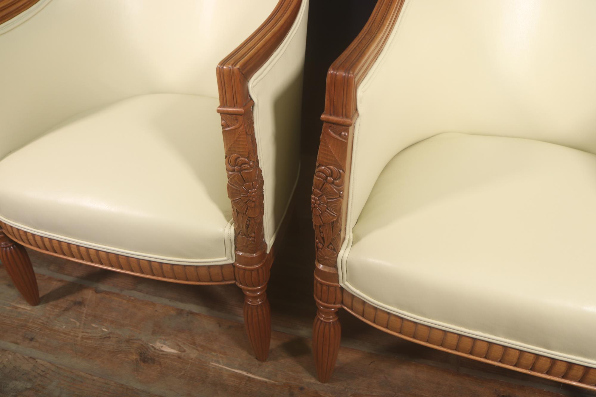Pair of Carved Pear-Wood French Art Deco Armchairs 1