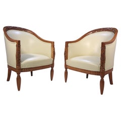 Pair of Carved Pear-Wood French Art Deco Armchairs