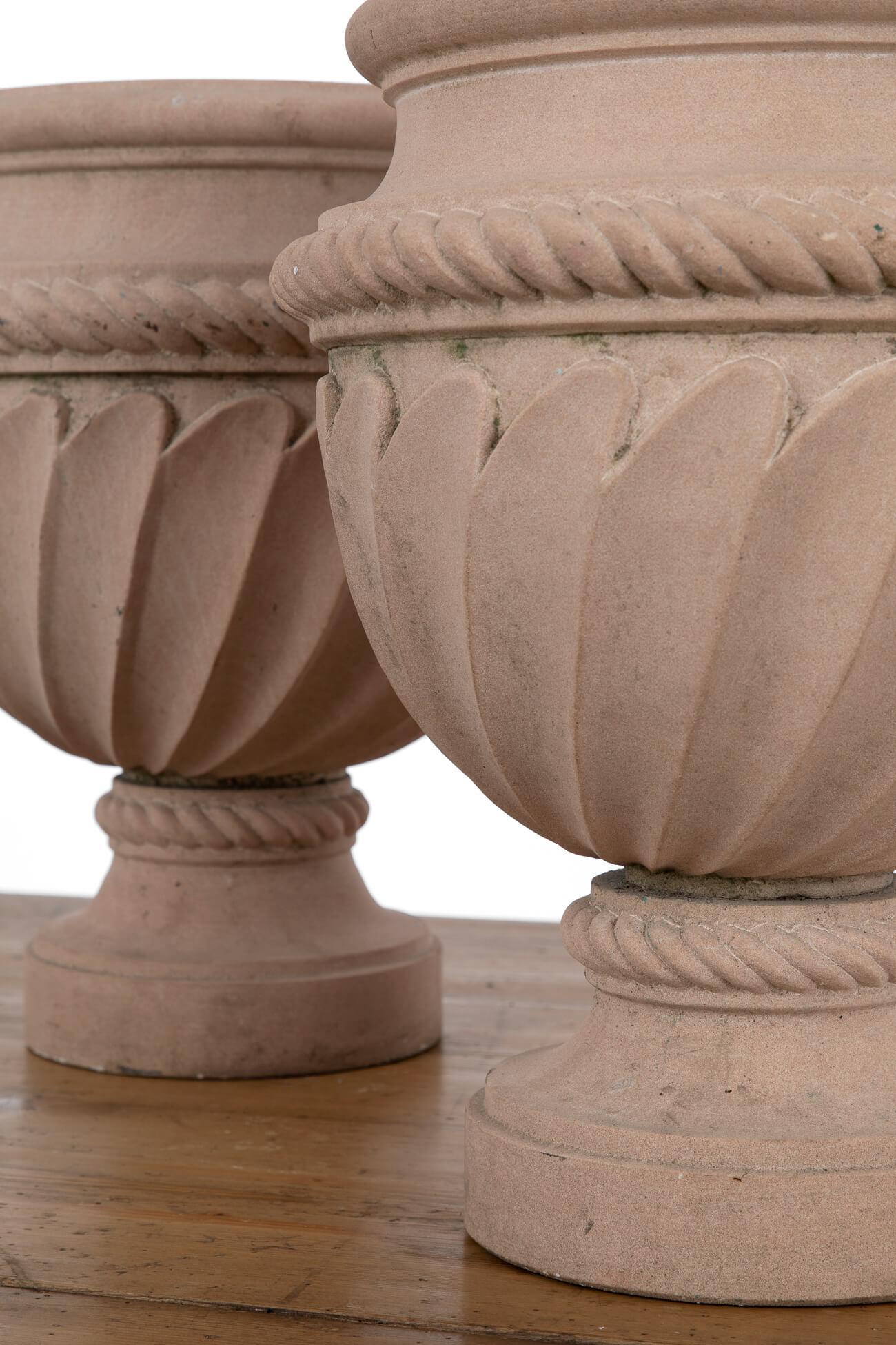 British Pair of Carved Pink Stone Urns, 20th Century For Sale