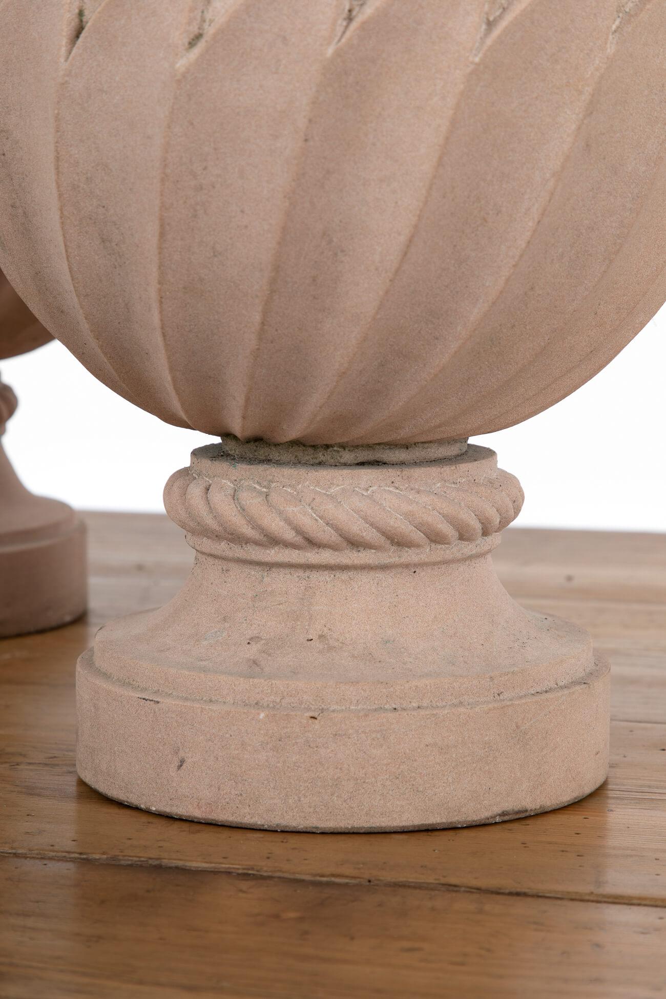 Pair of Carved Pink Stone Urns, 20th Century In Good Condition For Sale In Faversham, GB