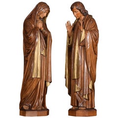 Pair of Carved Polychrome Decorated Linden Wood Figures of Saints