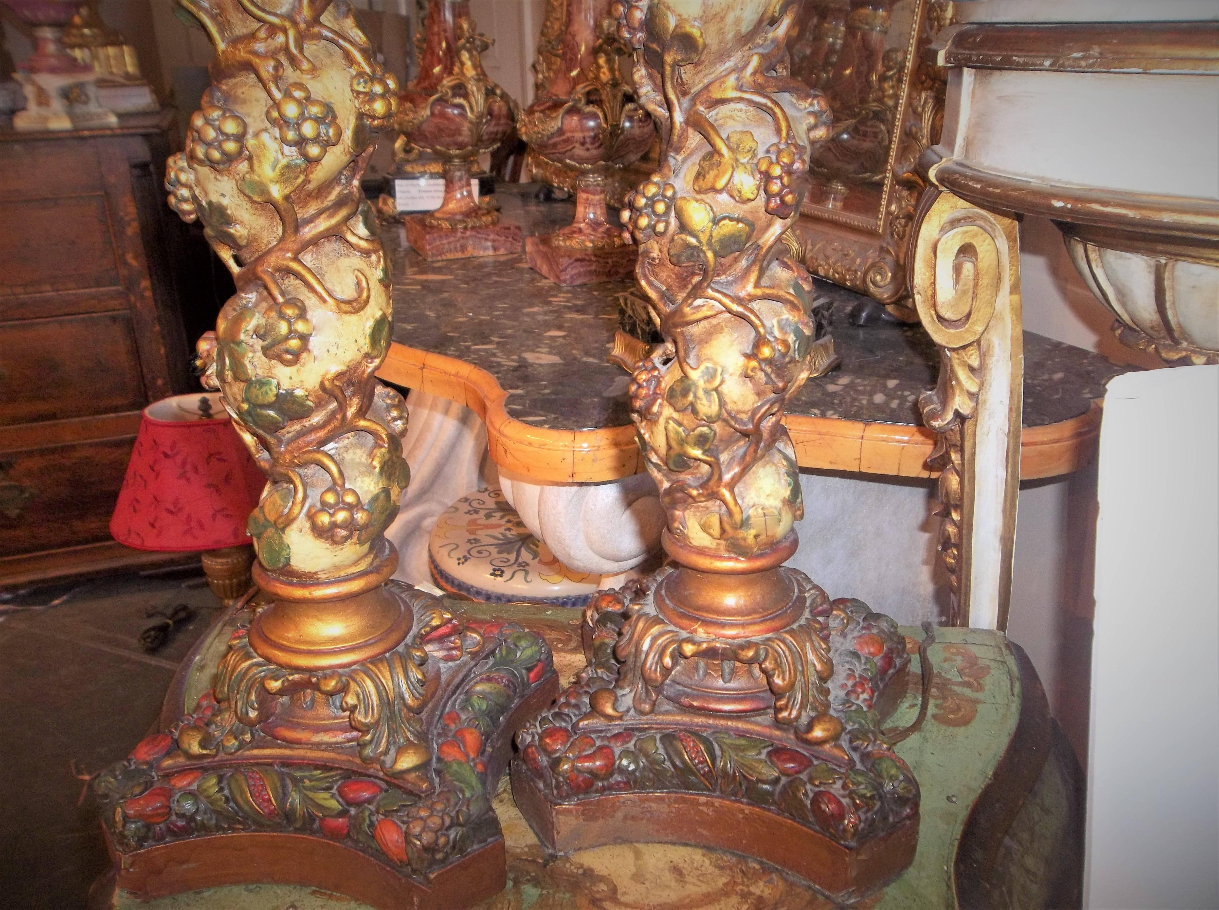 Baroque Pair of Carved Polychromed Italian Solomonic Columns Mounted as Lamps