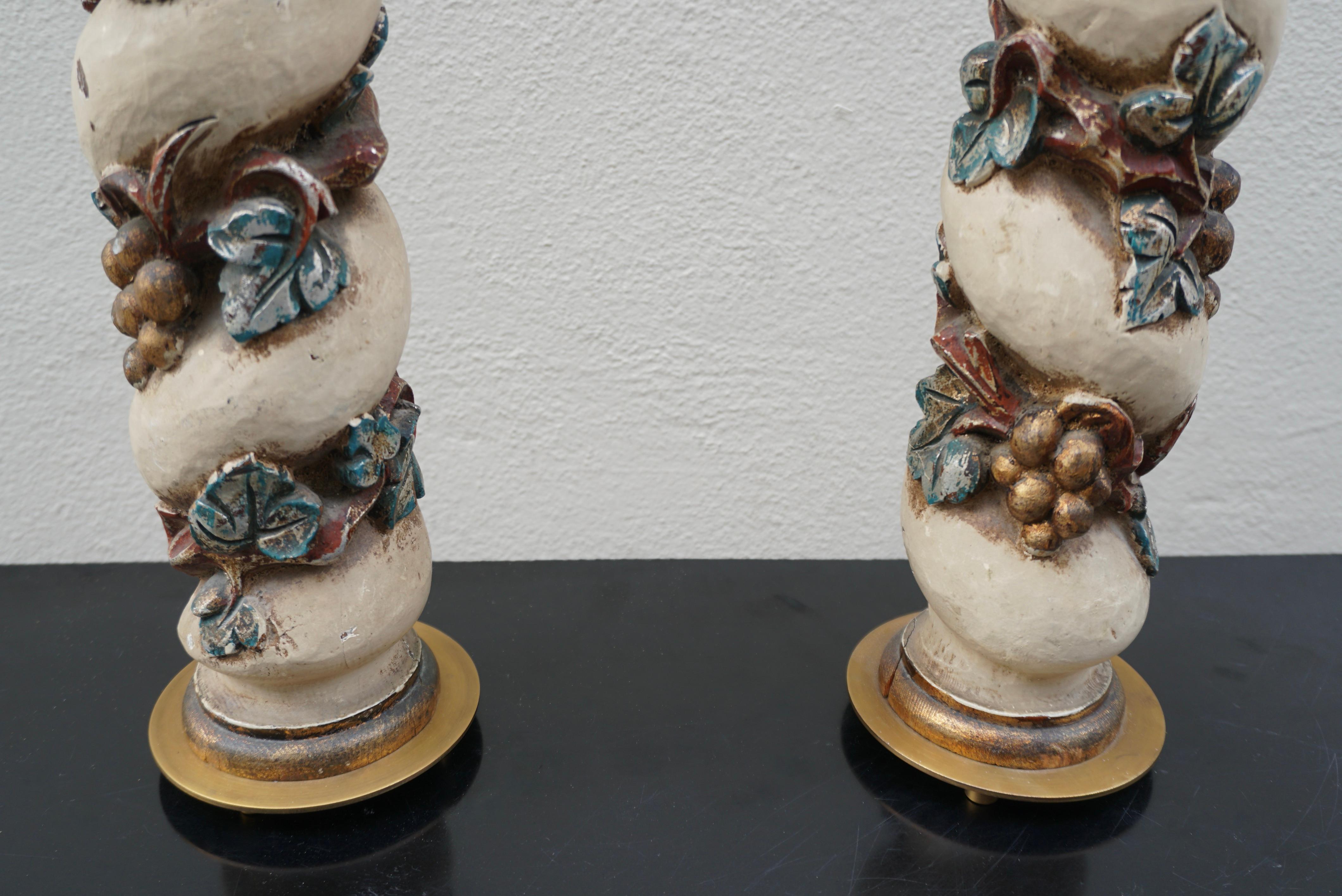 Brass Pair of Carved Polychromed Italian Solomonic Columns Mounted as Lamps For Sale