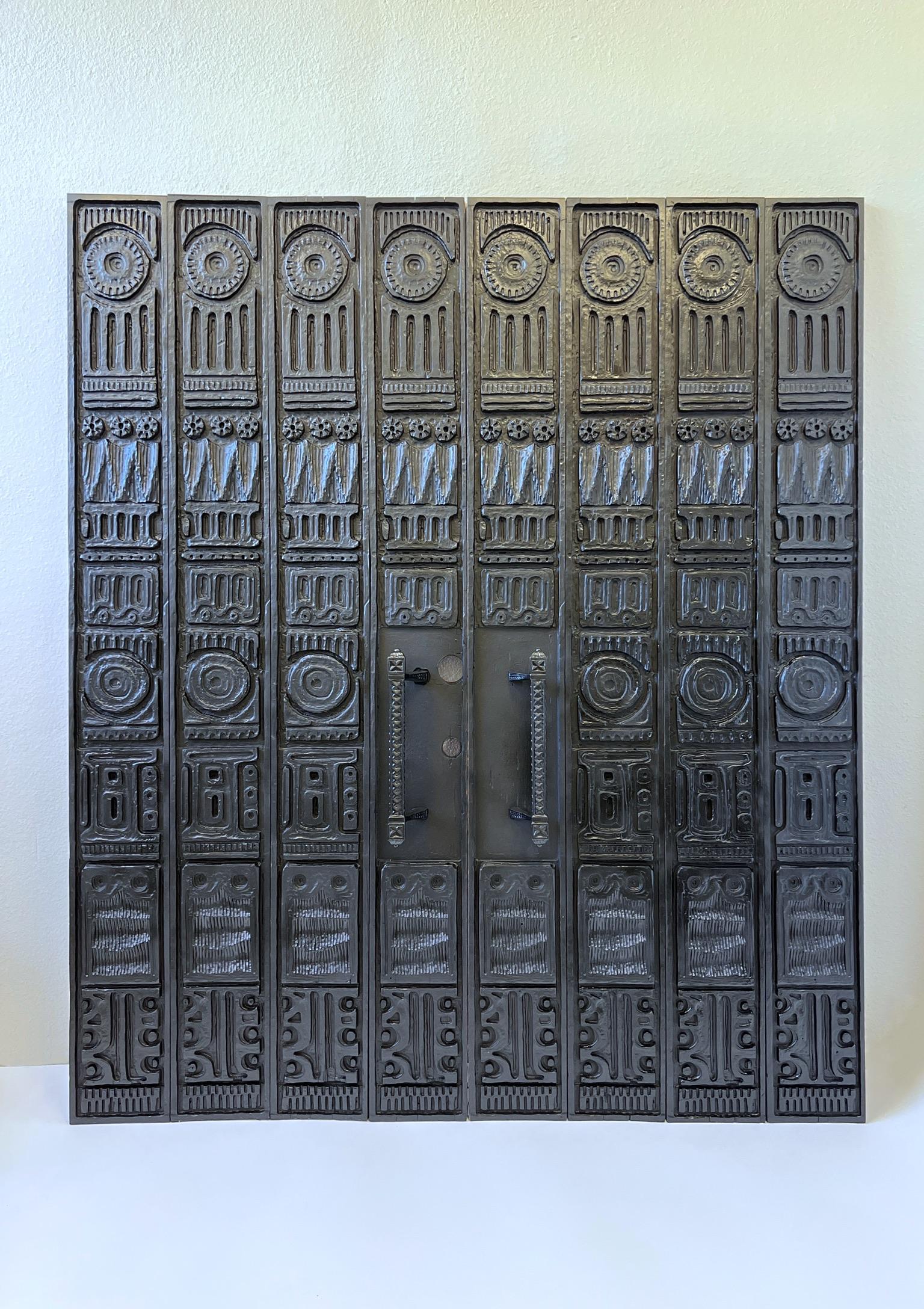 Aluminum Pair of Carved Redwood Door Panels by Evelyn Ackerman For Sale