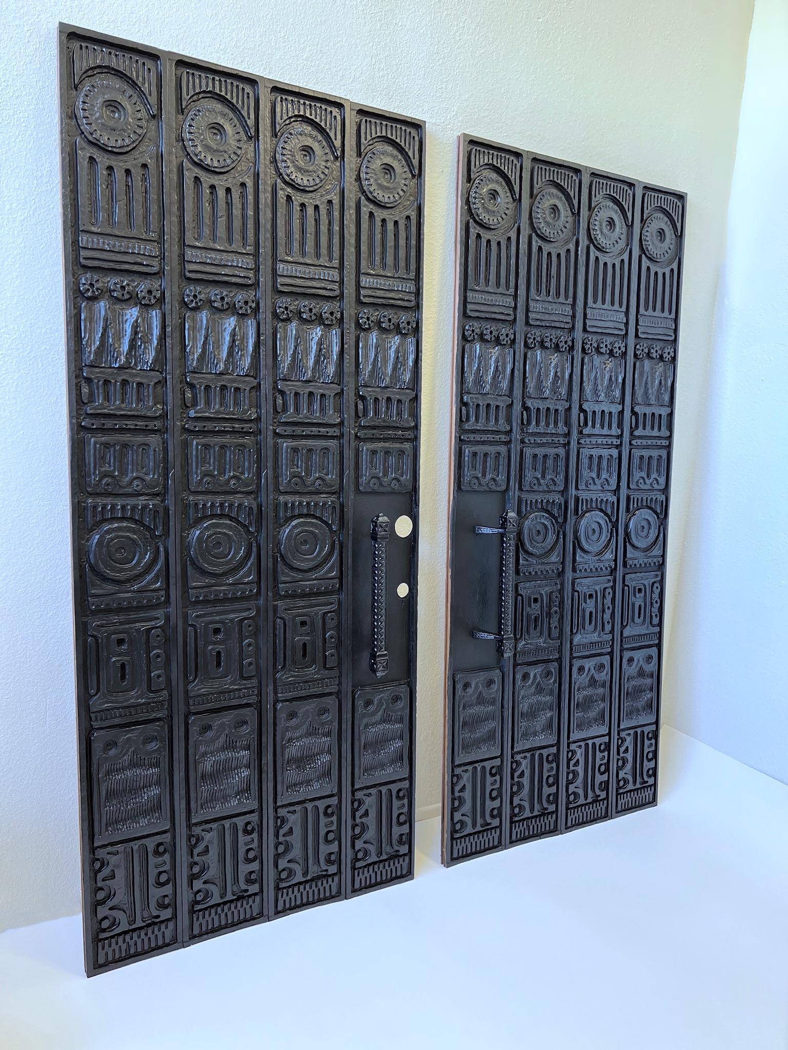Mid-Century Modern Pair of Carved Redwood Door Panels by Evelyn Ackerman For Sale