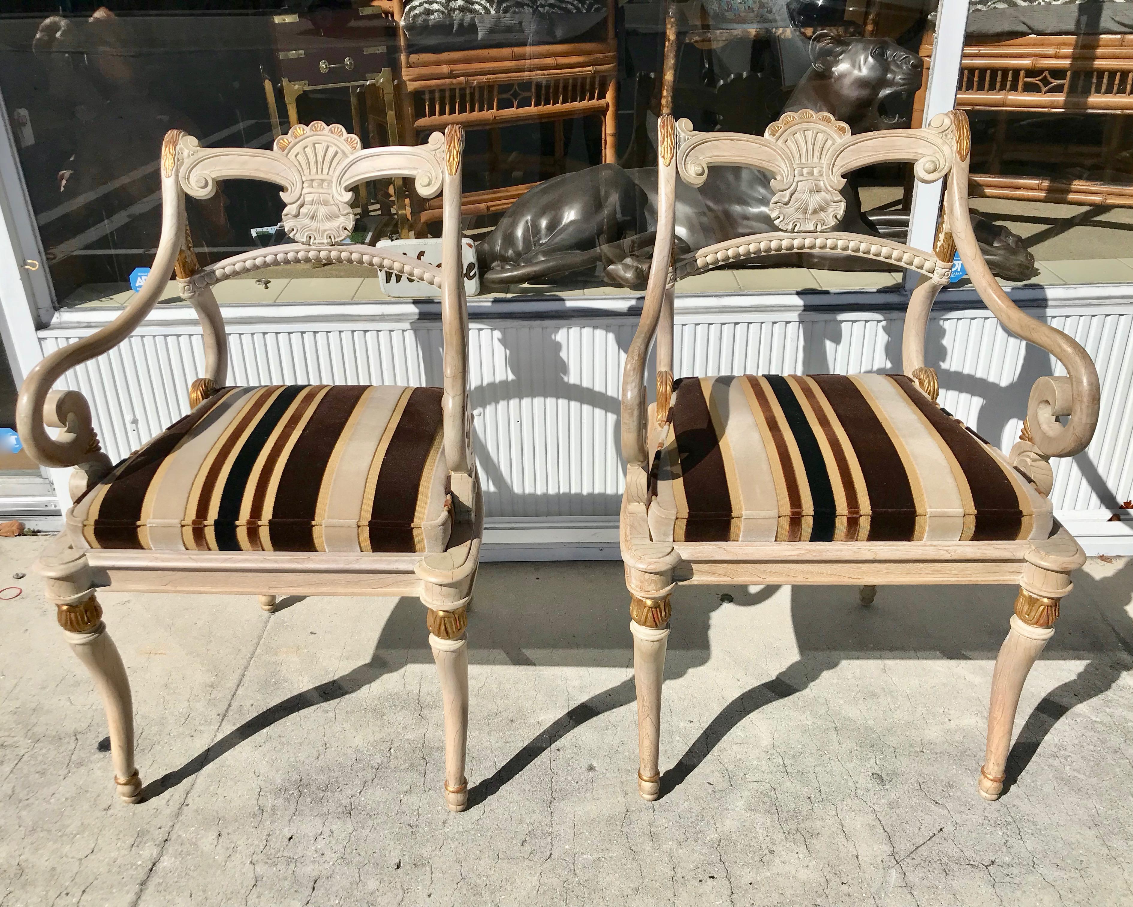 Pair of Carved Regency Style Arm Chairs In Good Condition For Sale In West Palm Beach, FL