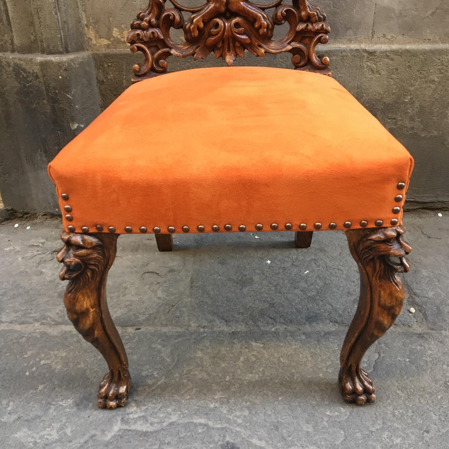 Pair of Carved Renaissance-Style Wooden Chairs Orange Alcantara Seat, Early 1900 8