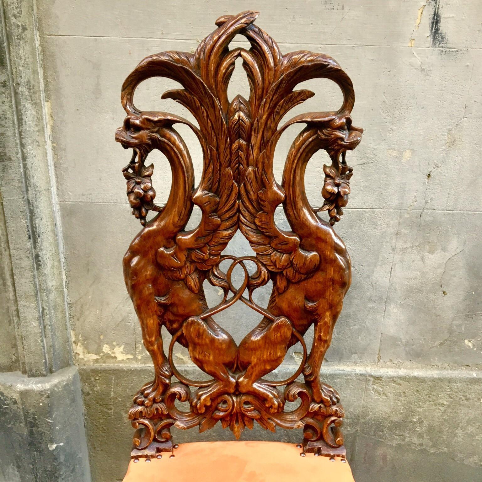 Pair of Carved Renaissance-Style Wooden Chairs Orange Alcantara Seat, Early 1900 9