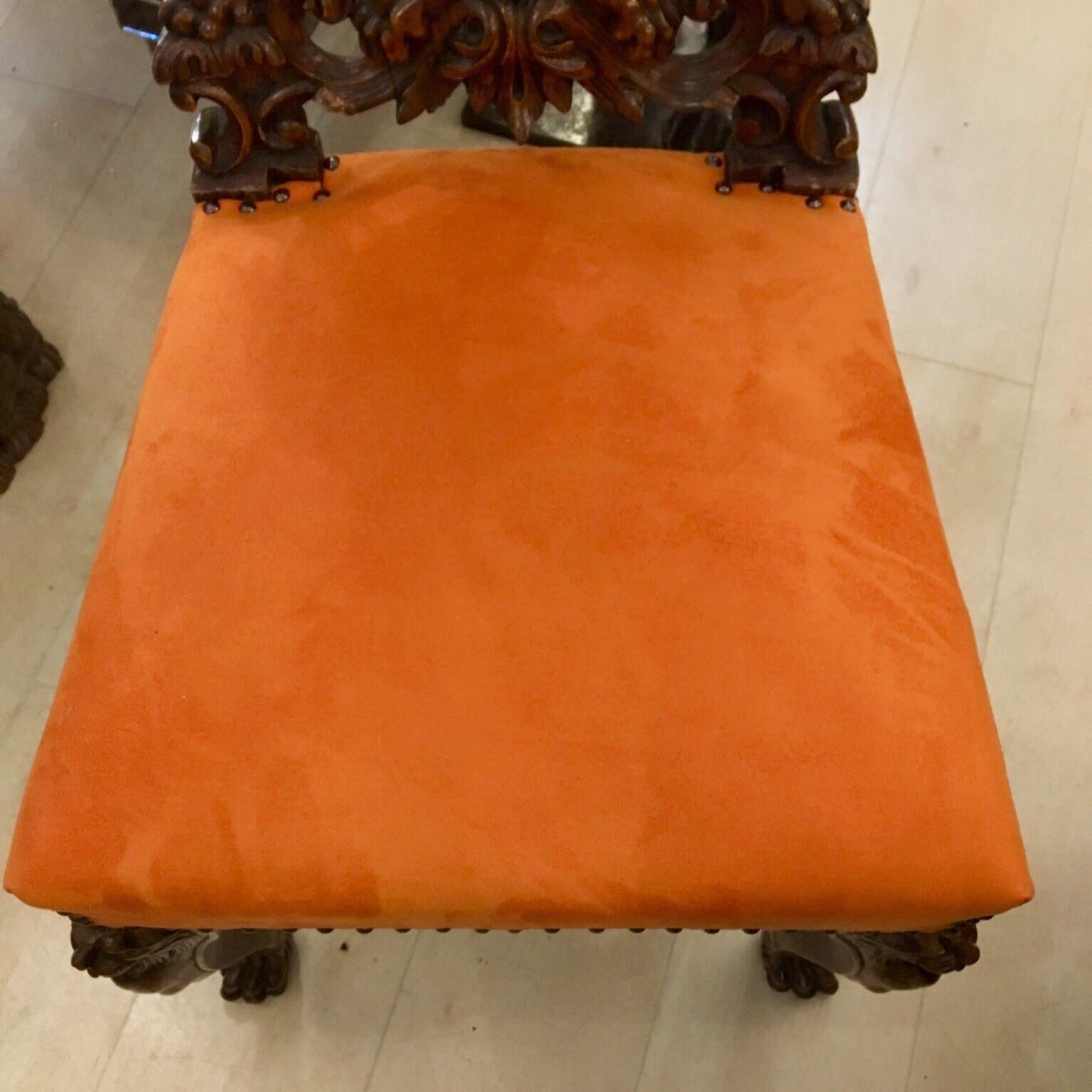 Pair of Carved Renaissance-Style Wooden Chairs Orange Alcantara Seat, Early 1900 10