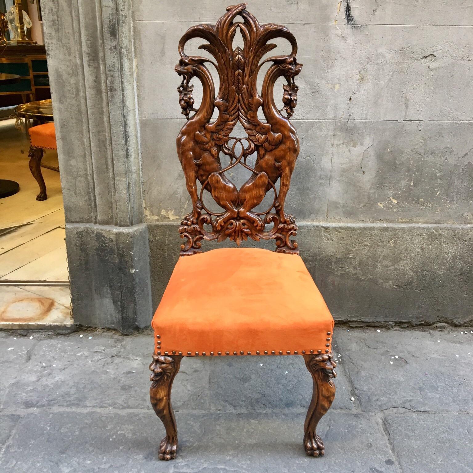 Italian Pair of Carved Renaissance-Style Wooden Chairs Orange Alcantara Seat, Early 1900