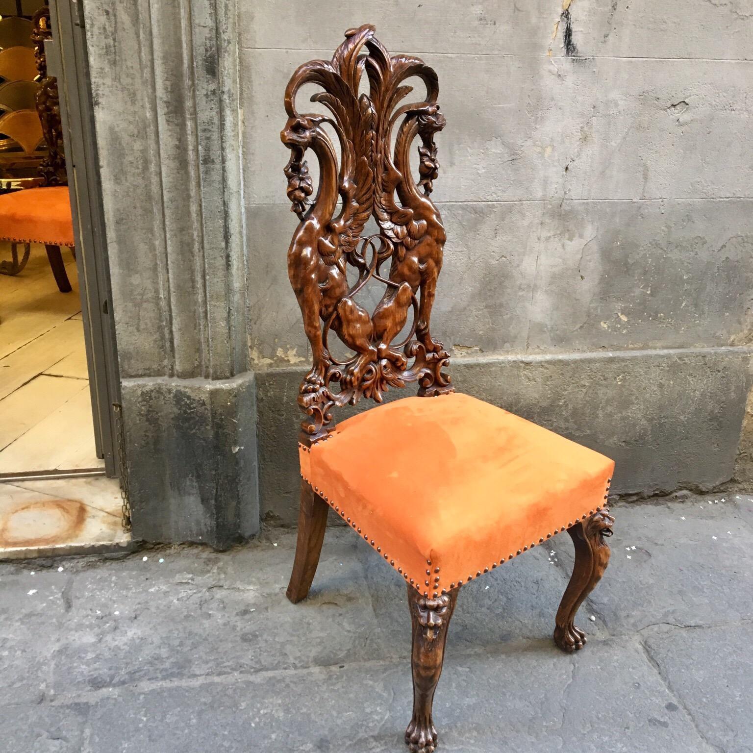 Hand-Carved Pair of Carved Renaissance-Style Wooden Chairs Orange Alcantara Seat, Early 1900