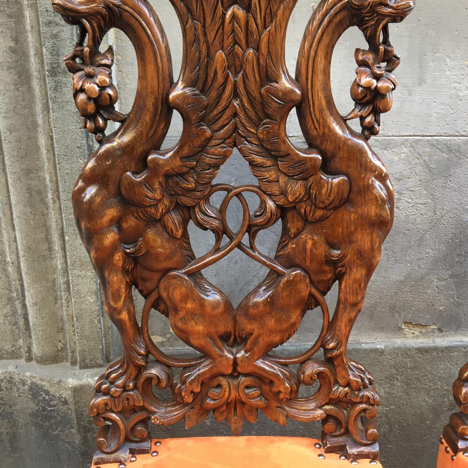 Pair of Carved Renaissance-Style Wooden Chairs Orange Alcantara Seat, Early 1900 3