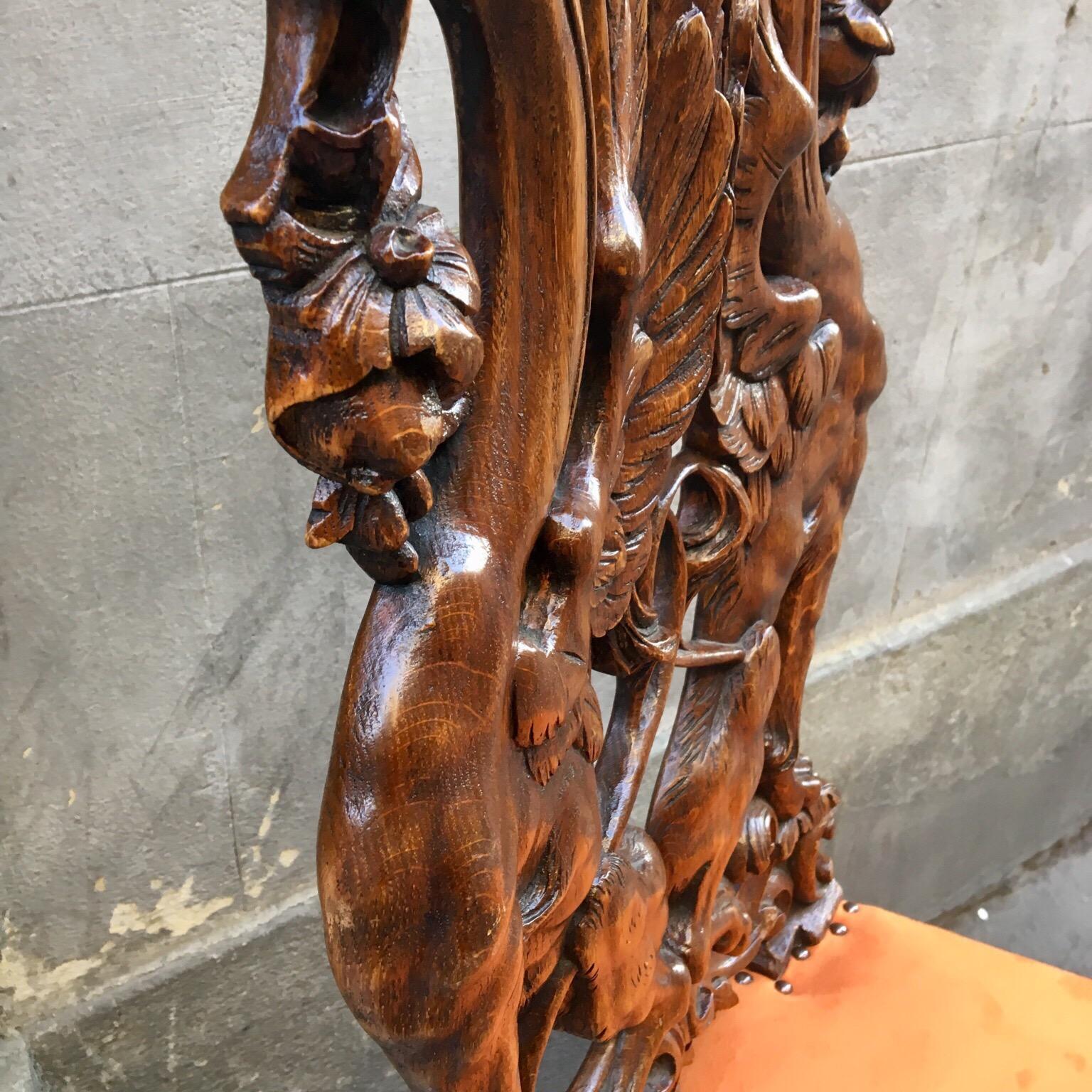 Pair of Carved Renaissance-Style Wooden Chairs Orange Alcantara Seat, Early 1900 4