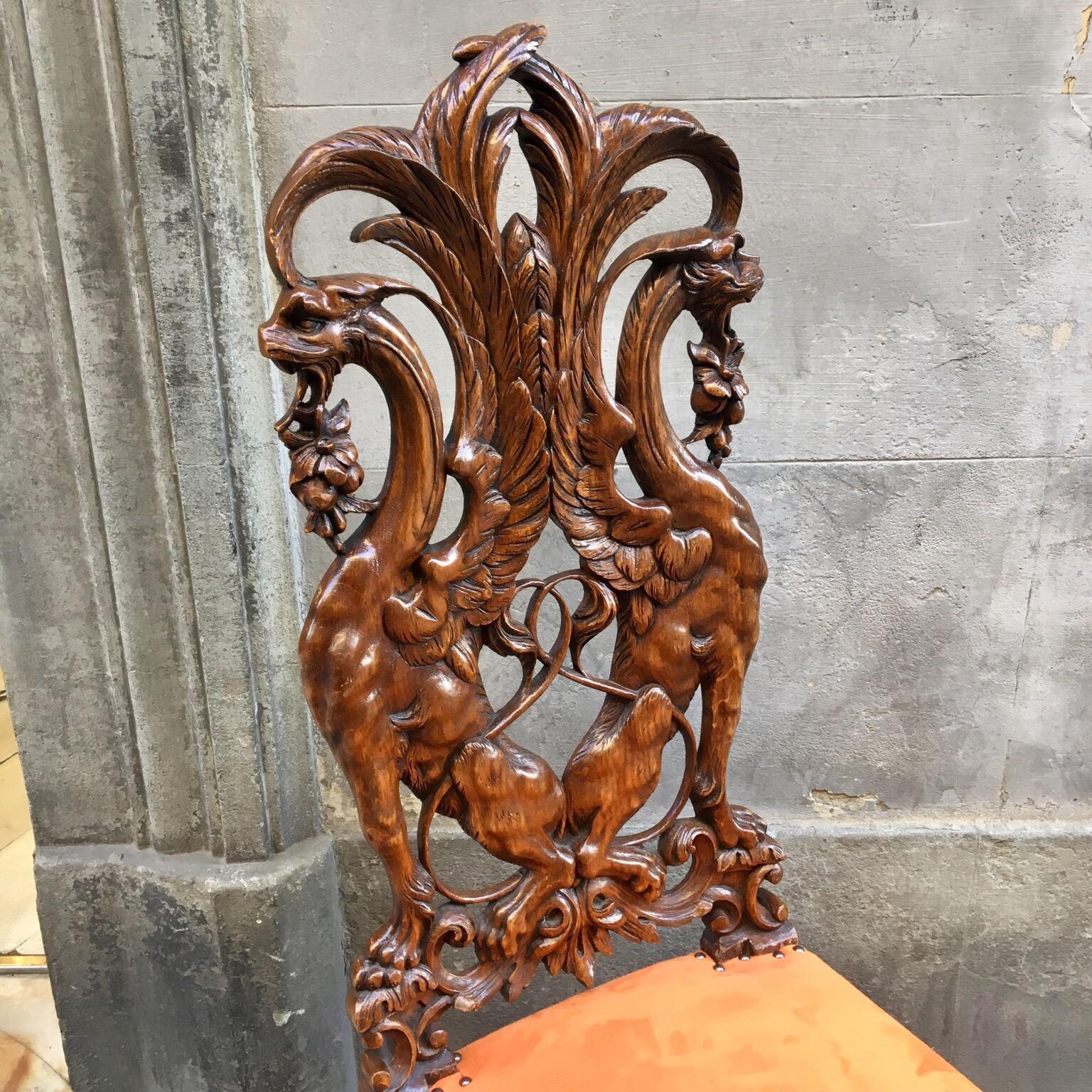 Pair of Carved Renaissance-Style Wooden Chairs Orange Alcantara Seat, Early 1900 5