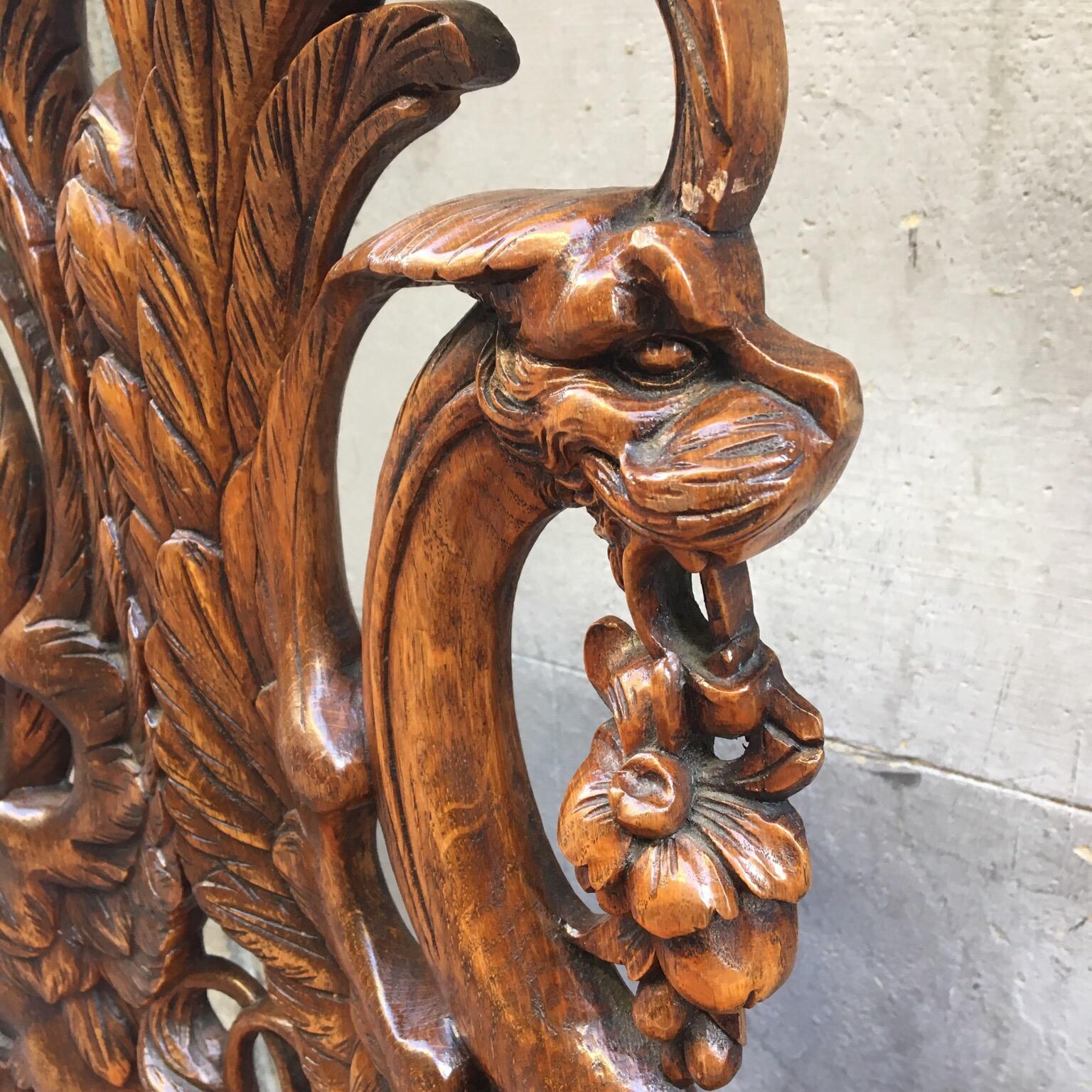 Pair of Carved Renaissance-Style Wooden Chairs Orange Alcantara Seat, Early 1900 6