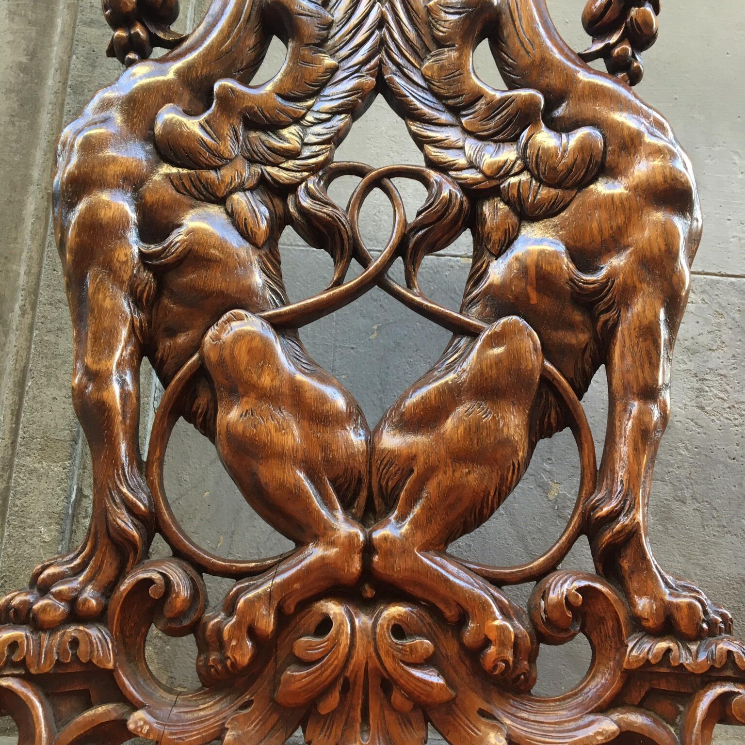 Pair of Carved Renaissance-Style Wooden Chairs Orange Alcantara Seat, Early 1900 In Good Condition In Florence, IT
