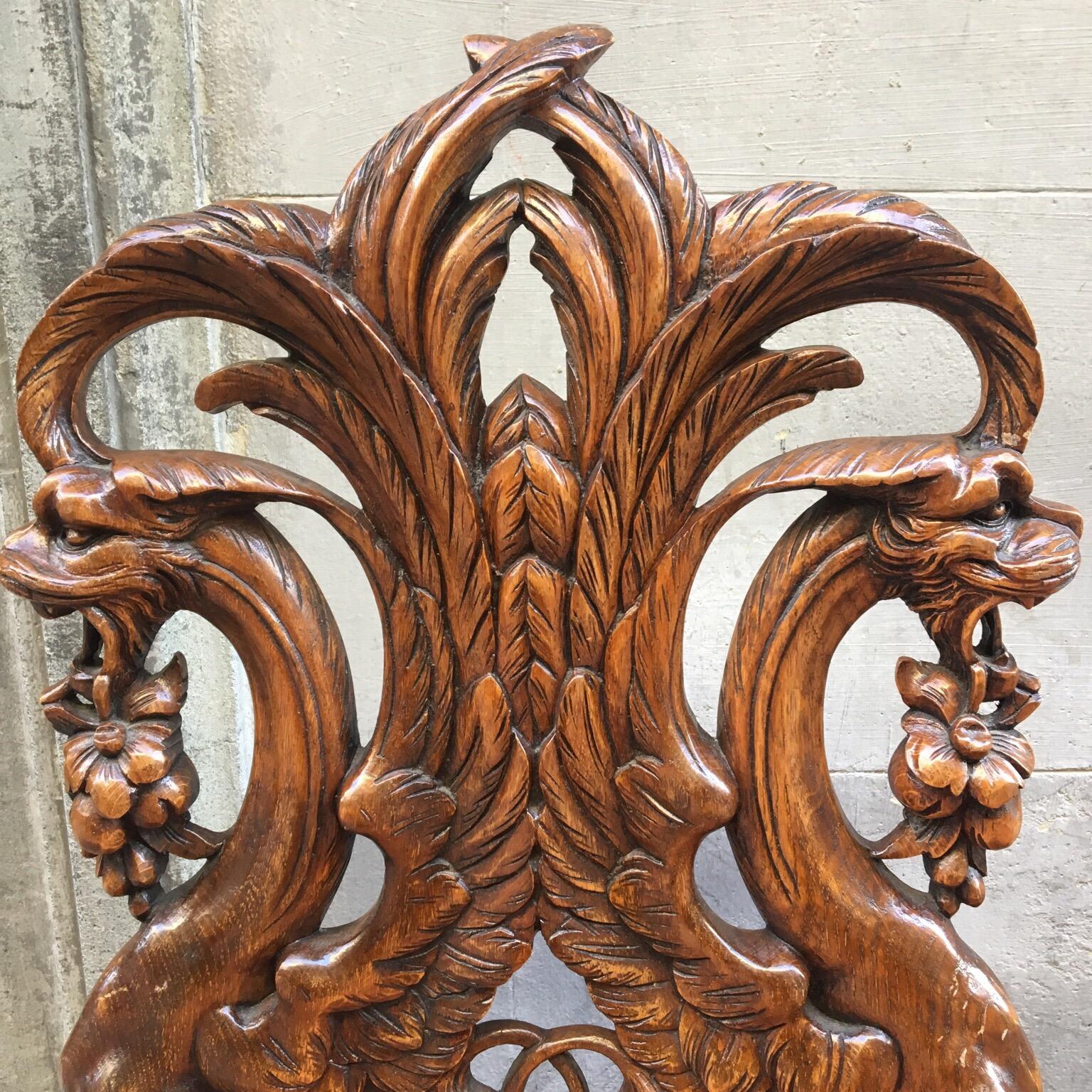 20th Century Pair of Carved Renaissance-Style Wooden Chairs Orange Alcantara Seat, Early 1900
