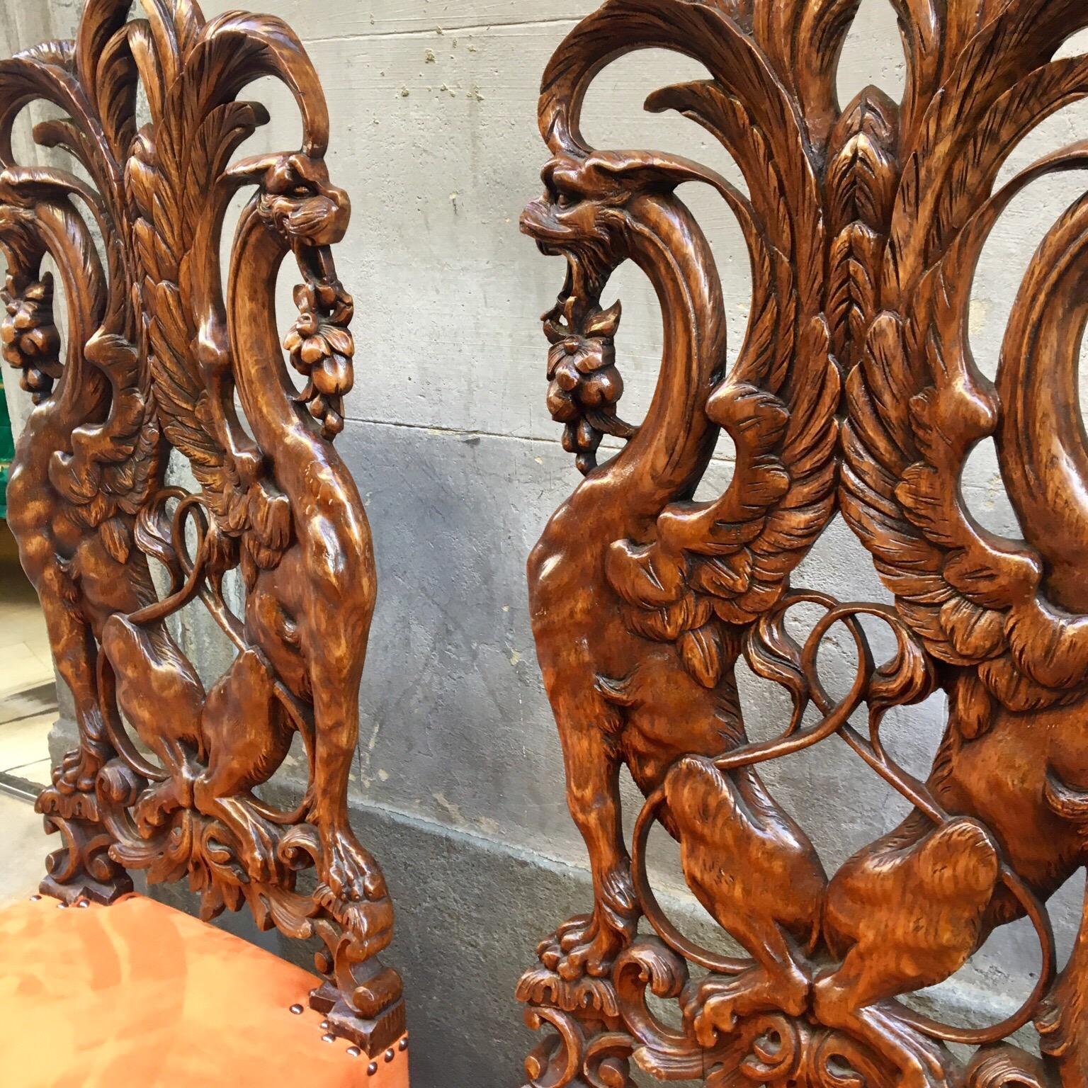 Pair of Carved Renaissance-Style Wooden Chairs Orange Alcantara Seat, Early 1900 2
