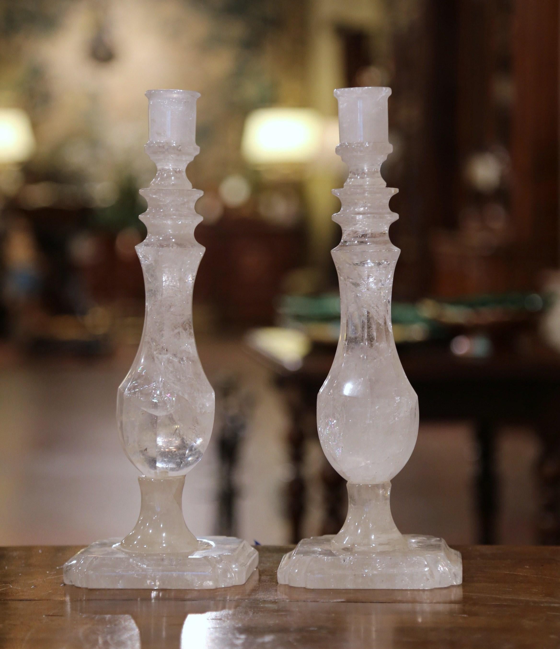 Brazilian Pair of Carved Rock Crystal Candlesticks on Square Bases