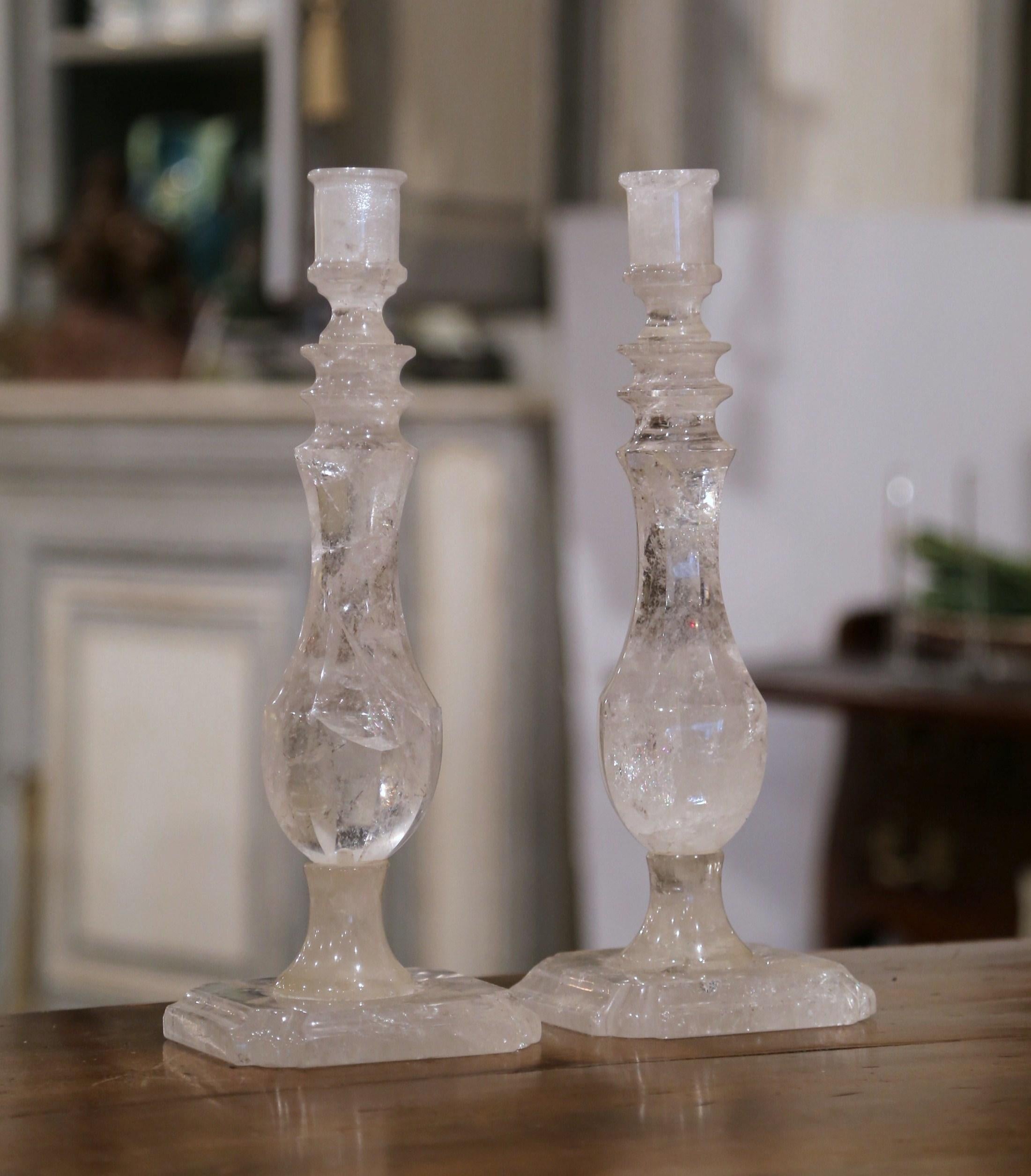 Hand-Carved Pair of Carved Rock Crystal Candlesticks on Square Bases