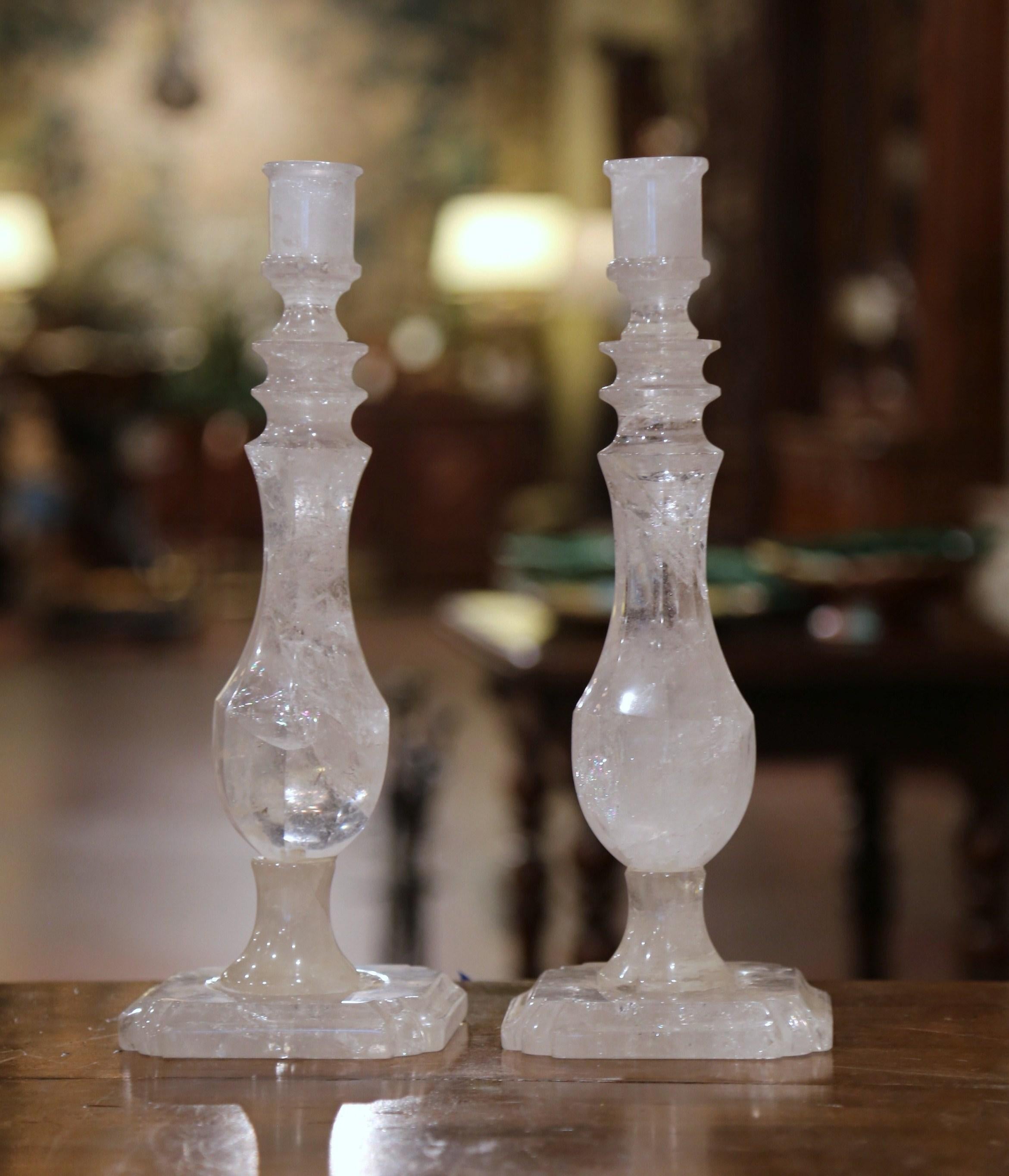 Pair of Carved Rock Crystal Candlesticks on Square Bases In Excellent Condition In Dallas, TX