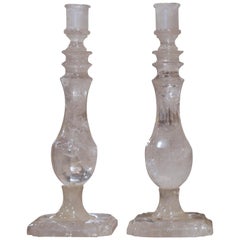 Pair of Carved Rock Crystal Candlesticks on Square Bases