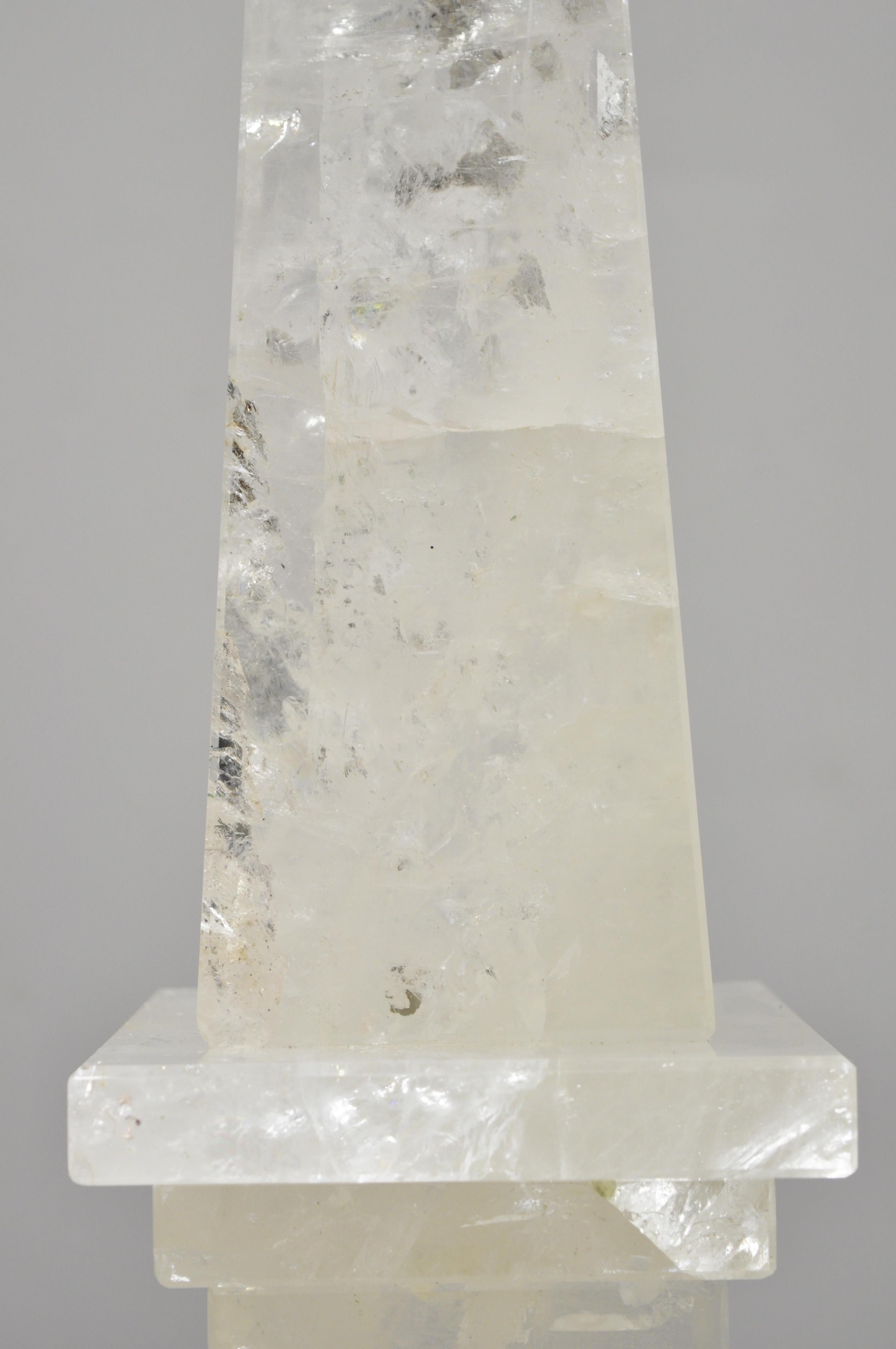 Neoclassical Pair of Carved Rock Crystal Quartz Obelisk
