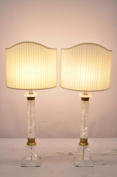 Pair of Carved Rock Crystal Quartz Column Form Table Lamps with Bronze Ormolu