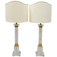 Pair of Carved Rock Crystal Quartz Column Form Table Lamps with Bronze Ormolu