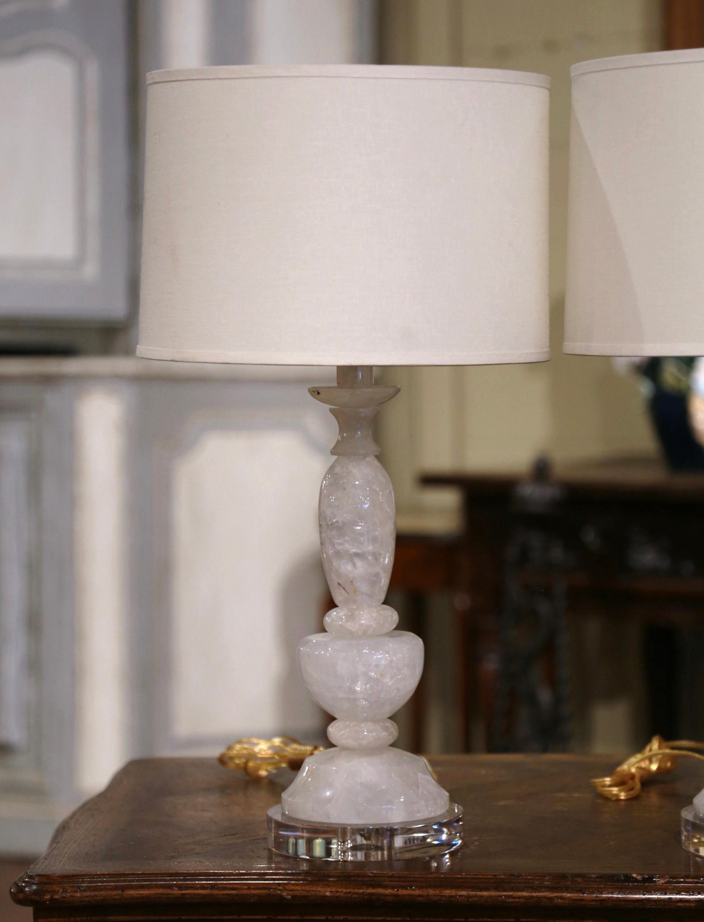 Brazilian Pair of Carved Rock Crystal Table Lamps on Acrylic Bases  For Sale