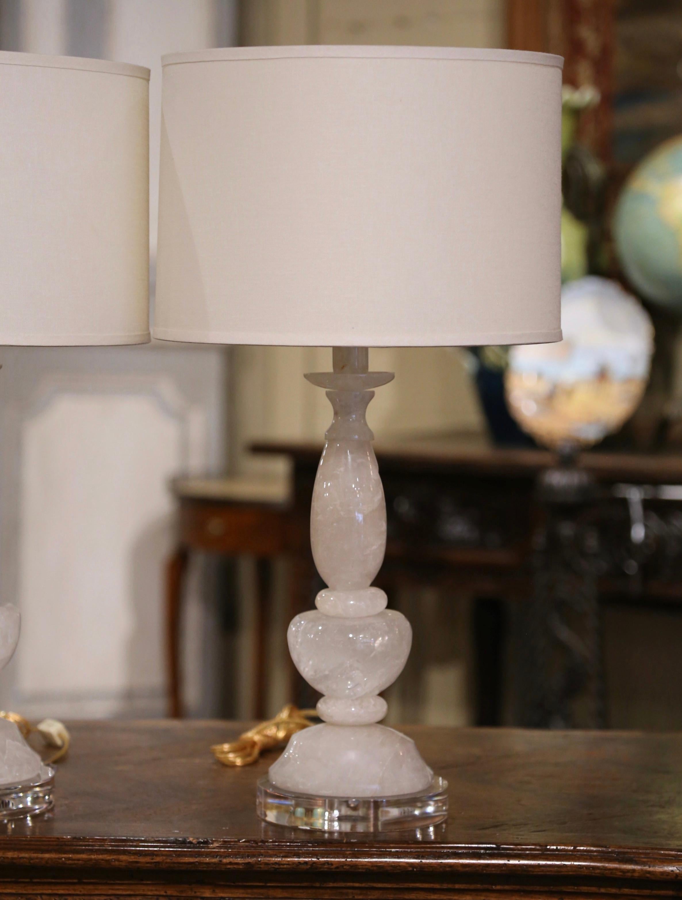 Hand-Carved Pair of Carved Rock Crystal Table Lamps on Acrylic Bases  For Sale