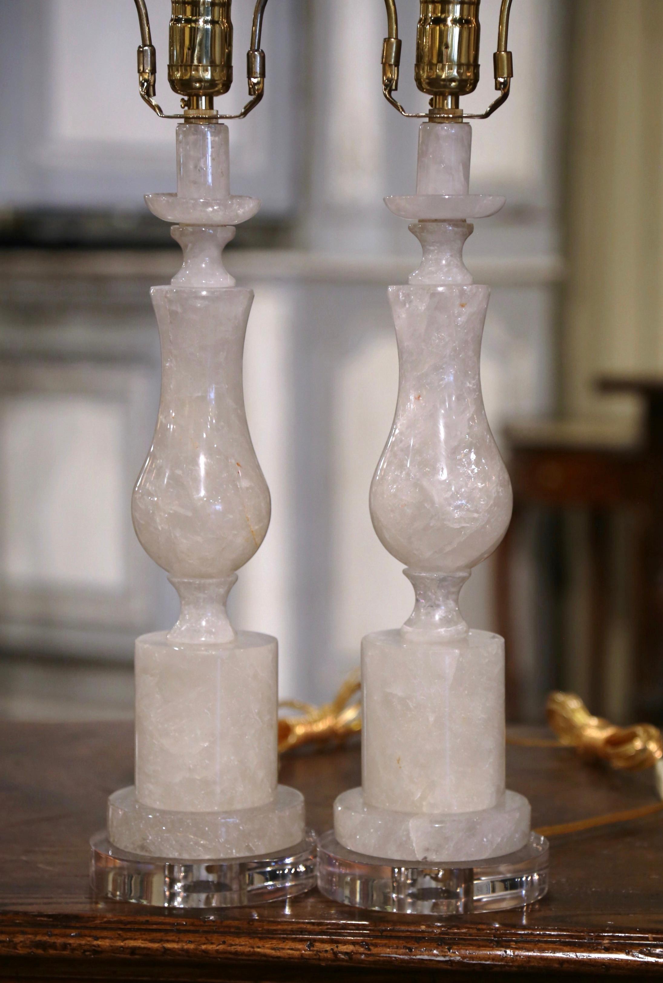 Hand-Carved Pair of Carved Rock Crystal Table Lamps on Acrylic Bases  For Sale
