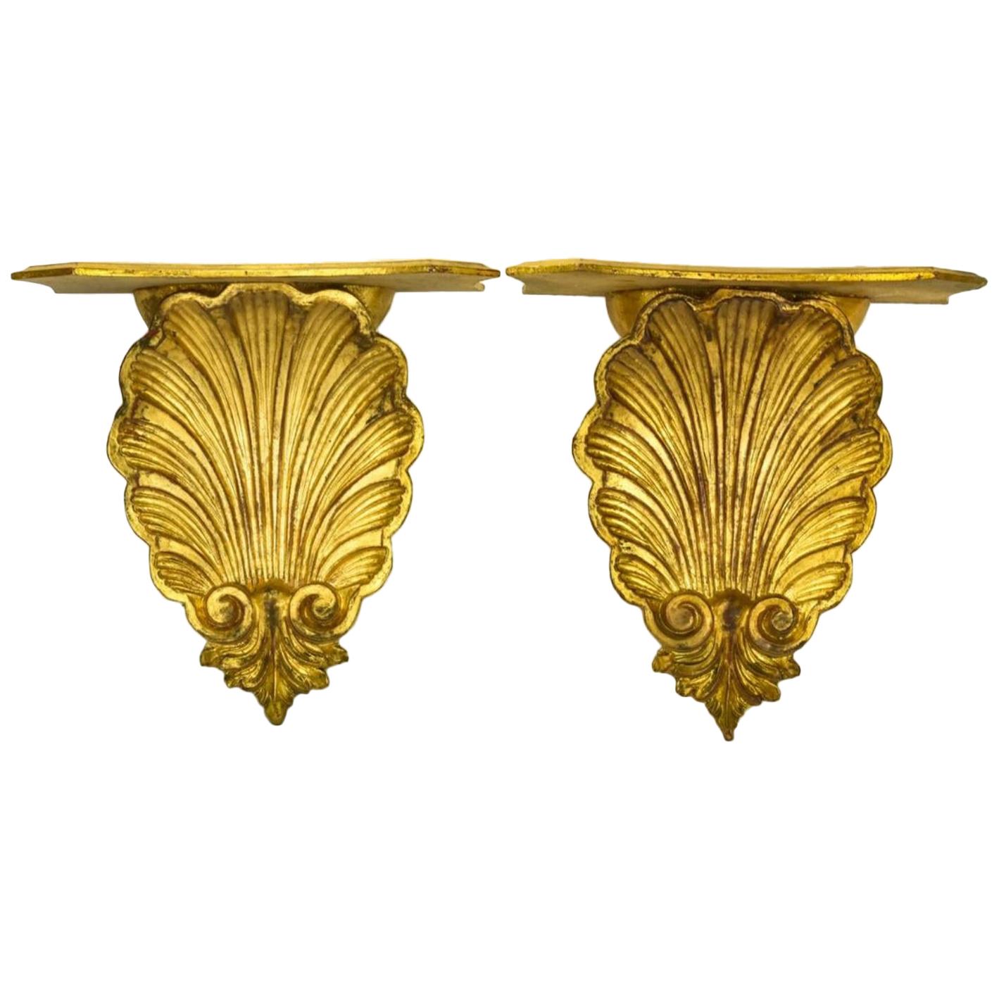 Pair of Carved Rococo Rocaille Giltwood Shell Brackets