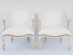 Pair of Carved Rope and Tassel Barrel Bergère Chairs in Bouclé Fabric