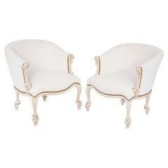 Pair of Carved Rope and Tassel Barrel Bergère Chairs in Bouclé Fabric