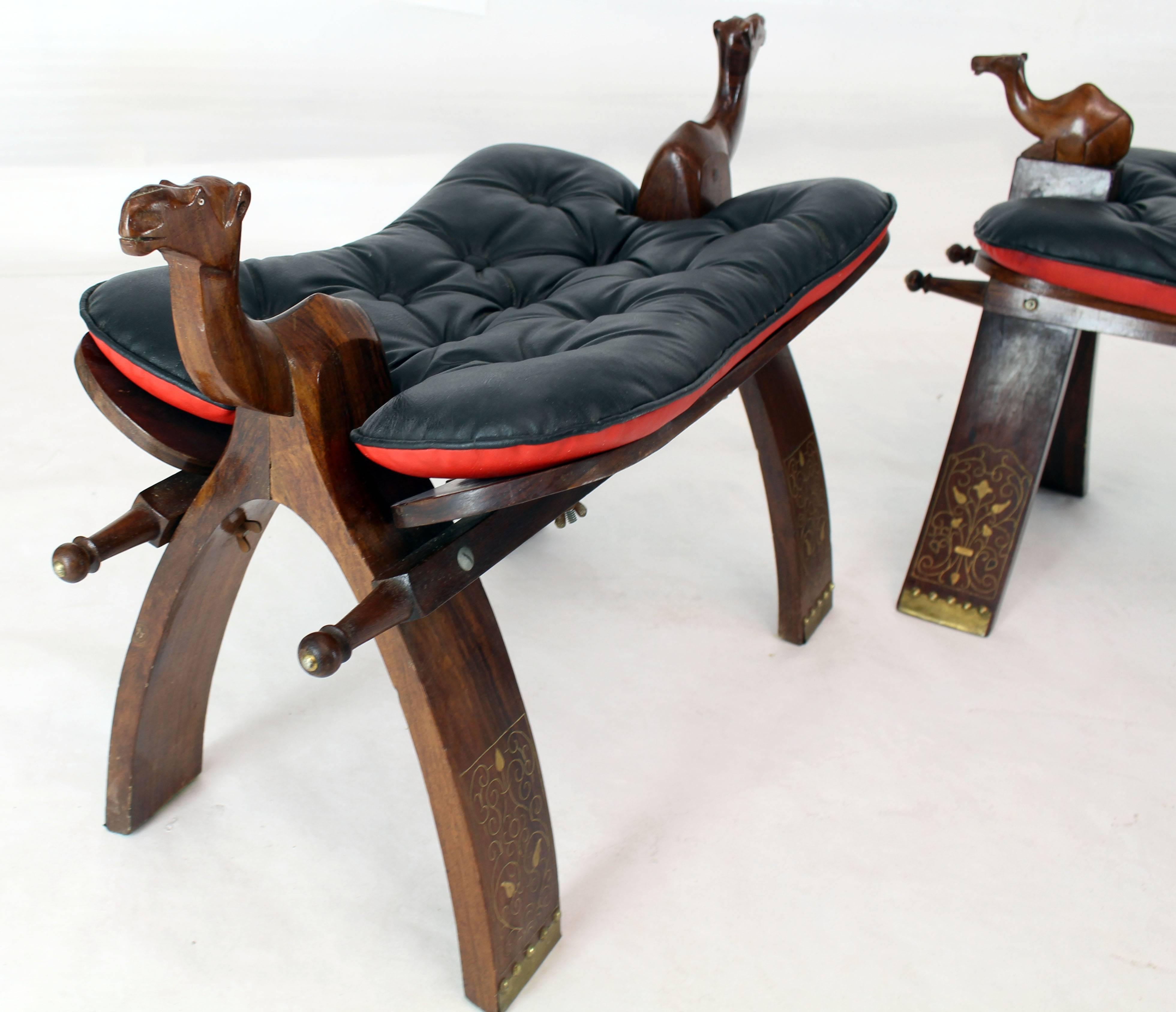Asian Pair of Carved Rosewood Camel Benches Stools For Sale